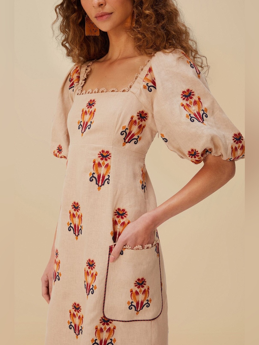 Farm Rio Rose Embroidered Macaw Maxi Dress in Beige Multi | M - Picture 8 of 16